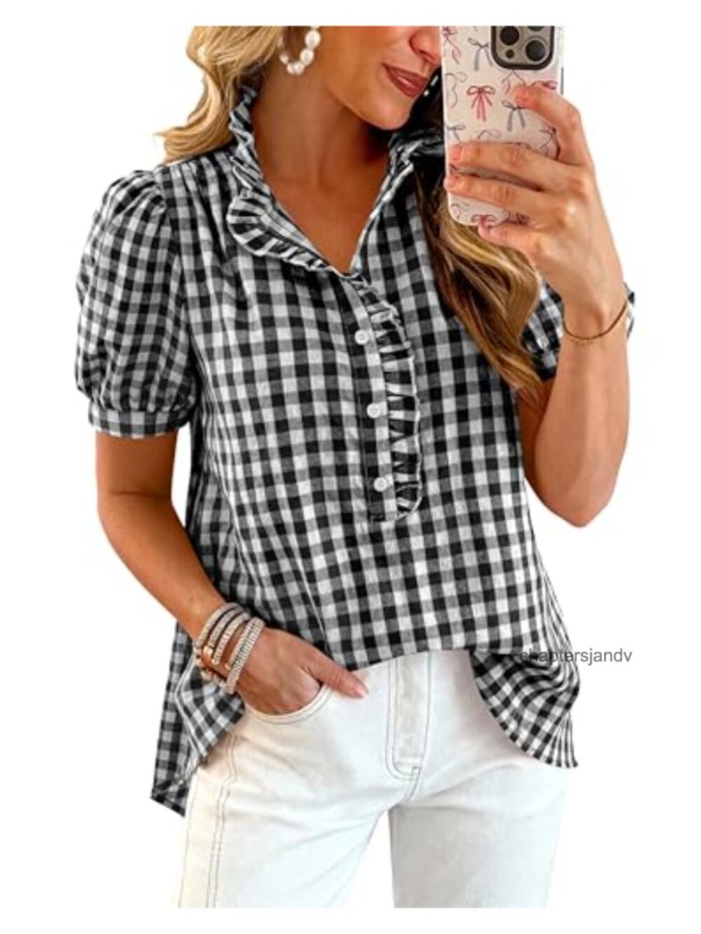 Women's Cotton Puff Sleeve Boho Button Down Blouse